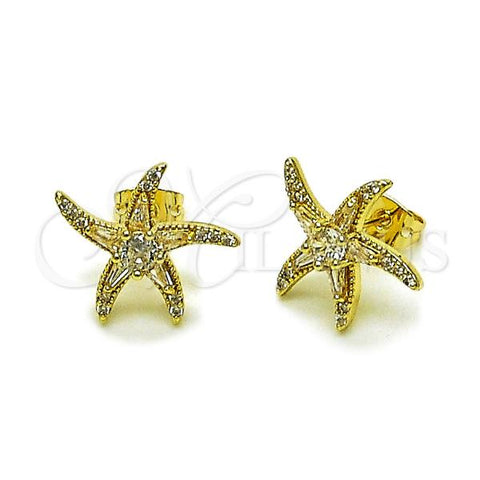 Oro Laminado Stud Earring, Gold Filled Style Star and Baguette Design, with White Cubic Zirconia and White Micro Pave, Polished, Golden Finish, 02.213.0826