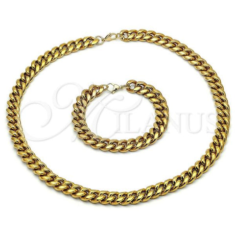 Stainless Steel Necklace and Bracelet, Miami Cuban Design, Polished, Golden Finish, 06.116.0033.1