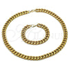 Stainless Steel Necklace and Bracelet, Miami Cuban Design, Polished, Golden Finish, 06.116.0033.1