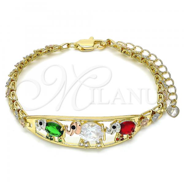 Oro Laminado Fancy Bracelet, Gold Filled Style Elephant and Flower Design, with Multicolor Cubic Zirconia, Polished, Tricolor, 03.380.0096.2.07