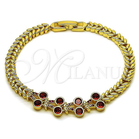 Oro Laminado Fancy Bracelet, Gold Filled Style Cherry Design, with White Cubic Zirconia and Ruby Micro Pave, Polished, Golden Finish, 03.283.0480.07