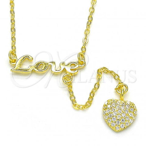 Sterling Silver Fancy Necklace, Love and Heart Design, with White Micro Pave, Polished, Golden Finish, 04.286.0006.2.16