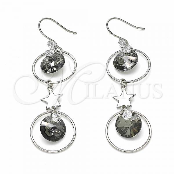 Sterling Silver Long Earring, Star Design, with Black Diamond and White Cubic Zirconia, Polished, Rhodium Finish, 02.367.0016