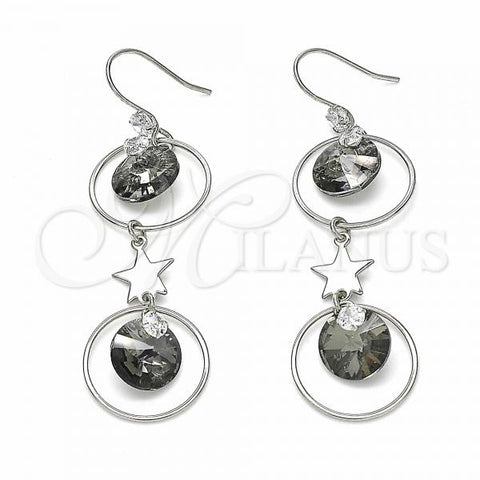 Sterling Silver Long Earring, Star Design, with Black Diamond and White Cubic Zirconia, Polished, Rhodium Finish, 02.367.0016