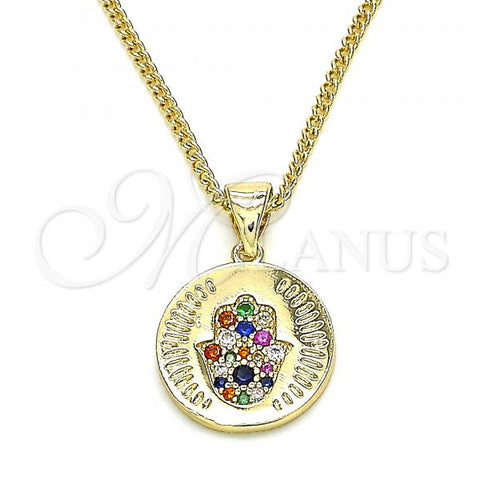 Oro Laminado Pendant Necklace, Gold Filled Style Hand of God Design, with Multicolor Micro Pave, Polished, Golden Finish, 04.156.0307.2.20