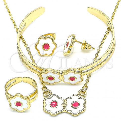 Oro Laminado Necklace, Bracelet, Earring and Ring, Gold Filled Style Flower Design, White Enamel Finish, Golden Finish, 06.361.0029