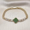 Oro Laminado Fancy Bracelet, Gold Filled Style Four-leaf Clover and Baguette Design, with Green Mother of Pearl and White Cubic Zirconia, Polished, Golden Finish, 03.283.0415.3.07