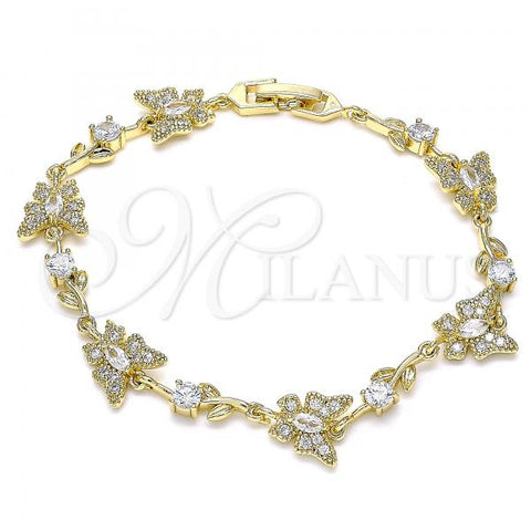 Oro Laminado Fancy Bracelet, Gold Filled Style Butterfly and Leaf Design, with White Micro Pave and White Cubic Zirconia, Polished, Golden Finish, 03.210.0143.08