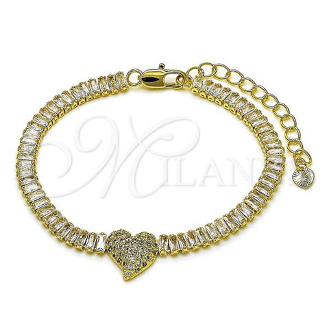 Oro Laminado Fancy Bracelet, Gold Filled Style Heart and Baguette Design, with White Cubic Zirconia and White Micro Pave, Polished, Golden Finish, 03.411.0026.07