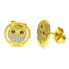 Oro Laminado Stud Earring, Gold Filled Style Owl Design, with White Micro Pave and Ruby Cubic Zirconia, Polished, Golden Finish, 02.344.0132