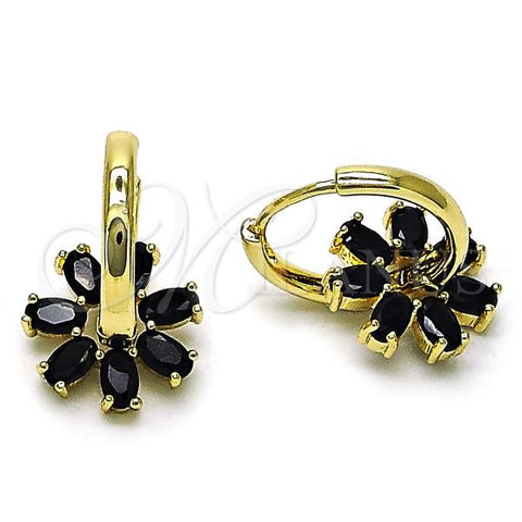 Oro Laminado Huggie Hoop, Gold Filled Style Flower Design, with Black Cubic Zirconia, Polished, Golden Finish, 02.210.0887.2.18