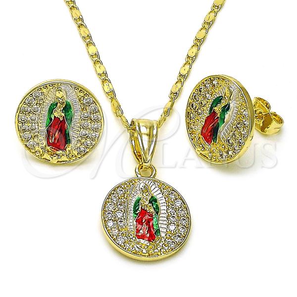 Oro Laminado Earring and Pendant Adult Set, Gold Filled Style Guadalupe Design, with White Cubic Zirconia, Polished, Tricolor, 10.411.0006