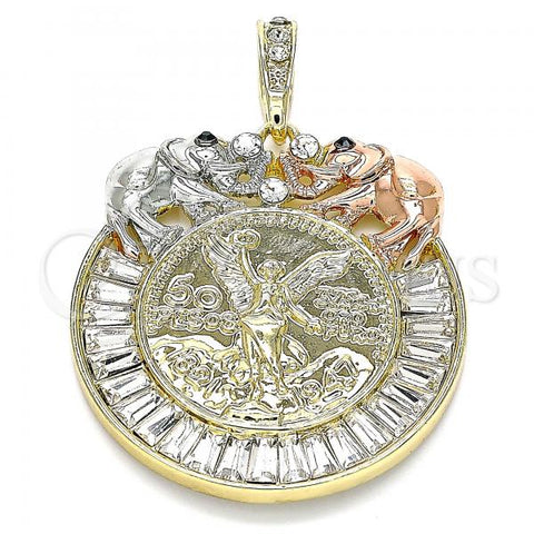 Oro Laminado Religious Pendant, Gold Filled Style Centenario Coin and Angel Design, with White and Black Crystal, Polished, Tricolor, 05.380.0030