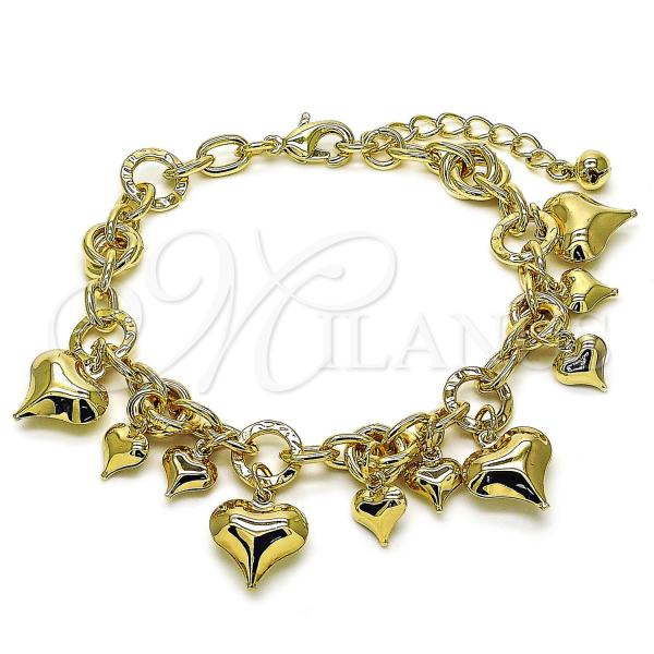 Oro Laminado Charm Bracelet, Gold Filled Style Heart Design, Polished, Golden Finish, 03.331.0317.07