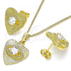 Oro Laminado Earring and Pendant Adult Set, Gold Filled Style Evil Eye and Heart Design, with White Cubic Zirconia, Polished, Golden Finish, 10.379.0023