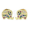 Oro Laminado Stud Earring, Gold Filled Style Elephant Design, with Multicolor Micro Pave, Polished, Golden Finish, 02.210.0355.1