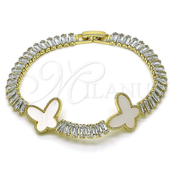 Oro Laminado Fancy Bracelet, Gold Filled Style Butterfly and Baguette Design, with Ivory Mother of Pearl and White Cubic Zirconia, Polished, Golden Finish, 03.284.0051.3.07