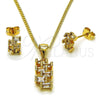 Oro Laminado Earring and Pendant Adult Set, Gold Filled Style Baguette Design, with White Cubic Zirconia, Polished, Golden Finish, 10.342.0246
