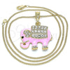 Oro Laminado Pendant Necklace, Gold Filled Style Elephant Design, with White and Black Crystal, Pink Enamel Finish, Golden Finish, 04.380.0026.20