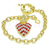 Oro Laminado Charm Bracelet, Gold Filled Style Heart and Crown Design, with Garnet and White Crystal, Polished, Golden Finish, 03.63.2211.1.08