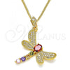 Oro Laminado Pendant Necklace, Gold Filled Style Dragon-Fly Design, with Multicolor Cubic Zirconia and White Micro Pave, Polished, Golden Finish, 04.283.0001.20