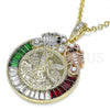 Oro Laminado Religious Pendant, Gold Filled Style Centenario Coin and Angel Design, with Garnet and Green Crystal, Polished, Tricolor, 05.380.0031.1