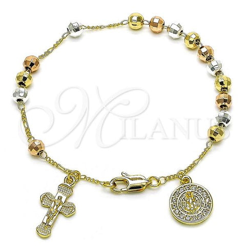 Oro Laminado Fancy Bracelet, Gold Filled Style San Benito and Cross Design, with White Cubic Zirconia, Diamond Cutting Finish, Tricolor, 03.253.0109.07