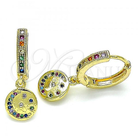 Oro Laminado Huggie Hoop, Gold Filled Style Moon Design, with Multicolor Micro Pave, Polished, Golden Finish, 02.381.0038.15