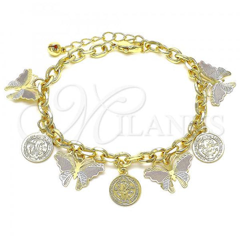 Oro Laminado Charm Bracelet, Gold Filled Style Butterfly and San Benito Design, Polished, Tricolor, 03.331.0132.08