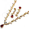 Oro Laminado Necklace and Earring, Gold Filled Style Teardrop and Leaf Design, with Multicolor Cubic Zirconia, Polished, Golden Finish, 06.205.0006.1