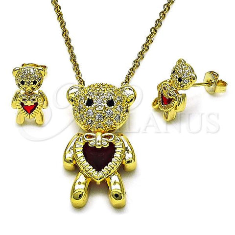 Oro Laminado Earring and Pendant Adult Set, Gold Filled Style Teddy Bear and Heart Design, with White and Black Micro Pave, Polished, Golden Finish, 10.299.0001.1