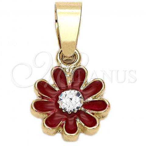 Oro Laminado Fancy Pendant, Gold Filled Style Flower Design, with White Crystal, Red Enamel Finish, Golden Finish, 05.163.0072.3