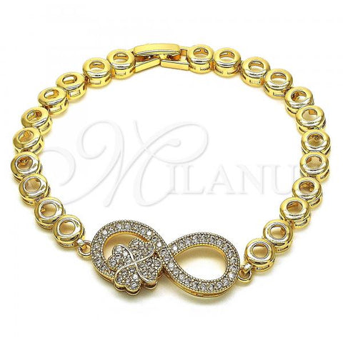 Oro Laminado Fancy Bracelet, Gold Filled Style Infinite and Four-leaf Clover Design, with White Micro Pave, Polished, Golden Finish, 03.283.0145.07