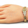 Oro Laminado Fancy Bracelet, Gold Filled Style Guadalupe and Heart Design, Diamond Cutting Finish, Golden Finish, 03.100.0068.08
