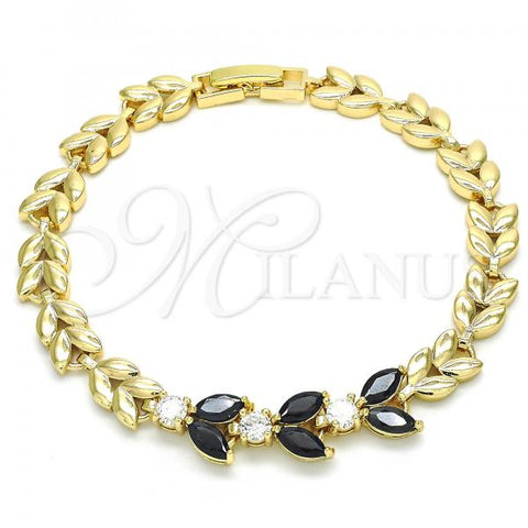 Oro Laminado Fancy Bracelet, Gold Filled Style Leaf Design, with Black and White Cubic Zirconia, Polished, Golden Finish, 03.210.0115.07