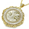 Oro Laminado Religious Pendant, Gold Filled Style Centenario Coin and Angel Design, with White Cubic Zirconia, Polished, Golden Finish, 05.253.0079