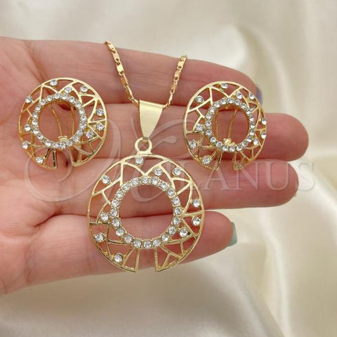 Oro Laminado Earring and Pendant Adult Set, Gold Filled Style with White Crystal, Polished, Golden Finish, 10.306.0002