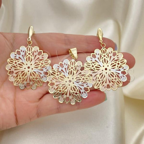 Oro Laminado Earring and Pendant Adult Set, Gold Filled Style Tricolor, 5.051.003