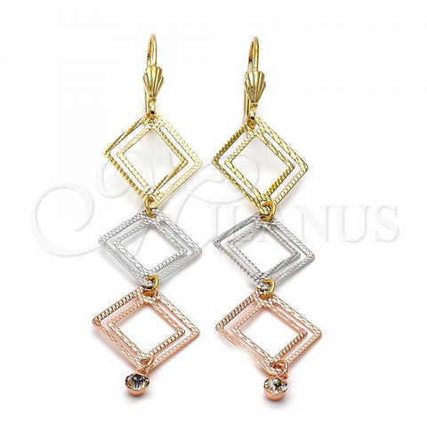 Oro Laminado Long Earring, Gold Filled Style with White Cubic Zirconia, Diamond Cutting Finish, Tricolor, 5.089.009