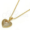 Oro Laminado Pendant Necklace, Gold Filled Style Heart Design, with White Micro Pave, Polished, Golden Finish, 04.156.0035.20