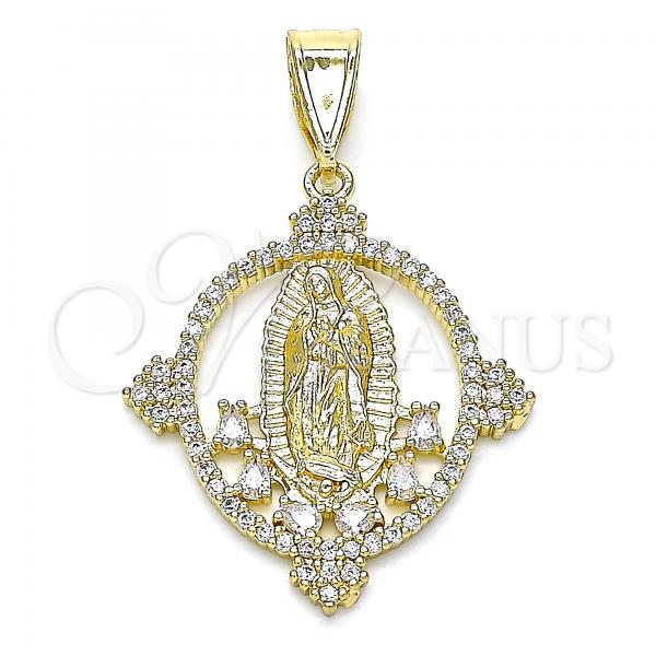 Oro Laminado Religious Pendant, Gold Filled Style Guadalupe Design, with White Cubic Zirconia, Polished, Golden Finish, 05.253.0117