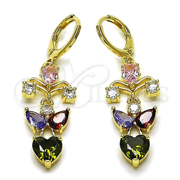 Oro Laminado Long Earring, Gold Filled Style Heart and Teardrop Design, with Multicolor Cubic Zirconia, Polished, Golden Finish, 02.196.0248