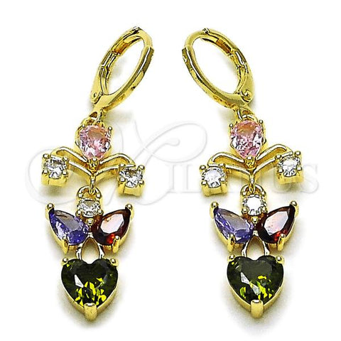 Oro Laminado Long Earring, Gold Filled Style Heart and Teardrop Design, with Multicolor Cubic Zirconia, Polished, Golden Finish, 02.196.0248