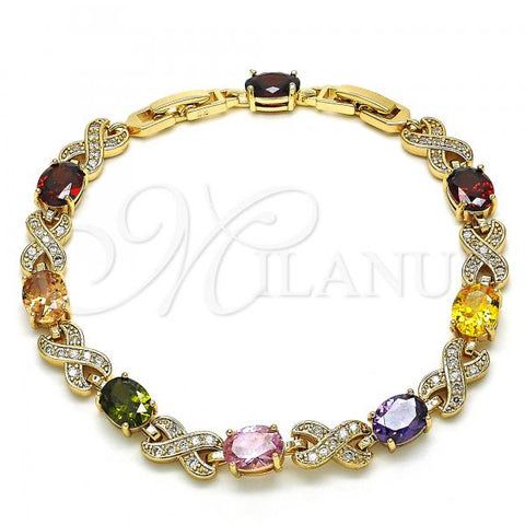 Oro Laminado Tennis Bracelet, Gold Filled Style Cat Design, with Multicolor Cubic Zirconia, Polished, Golden Finish, 03.206.0001.12.07