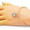 Oro Laminado Individual Bangle, Gold Filled Style Hand of God and Evil Eye Design, with Turquoise Mother of Pearl and White Micro Pave, Polished, Golden Finish, 07.341.0050