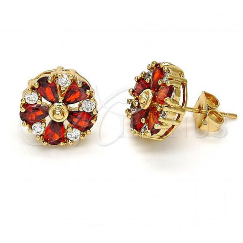 Oro Laminado Stud Earring, Gold Filled Style Flower Design, with Garnet and White Cubic Zirconia, Polished, Golden Finish, 02.210.0040.2