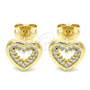 Oro Laminado Stud Earring, Gold Filled Style Heart Design, with White Micro Pave, Polished, Golden Finish, 02.342.0094