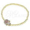 Oro Laminado Fancy Bracelet, Gold Filled Style Expandable Bead and Hand of God Design, with Ruby and White Micro Pave, Polished, Golden Finish, 03.299.0058.07