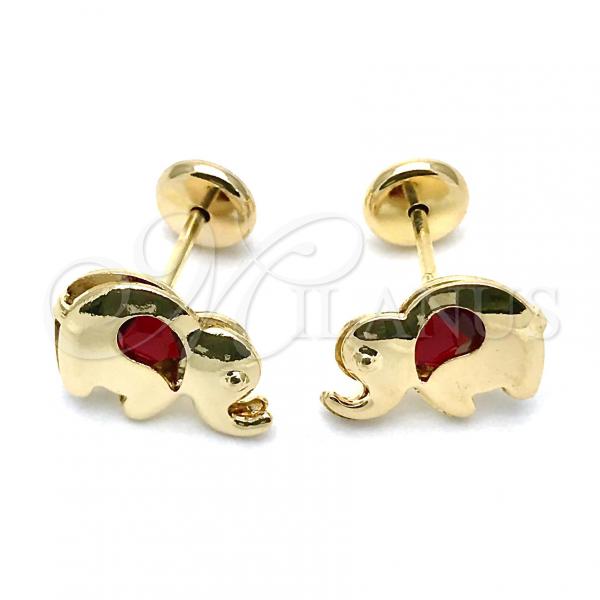 Oro Laminado Stud Earring, Gold Filled Style Elephant Design, with Garnet Cubic Zirconia, Polished, Golden Finish, 02.09.0200