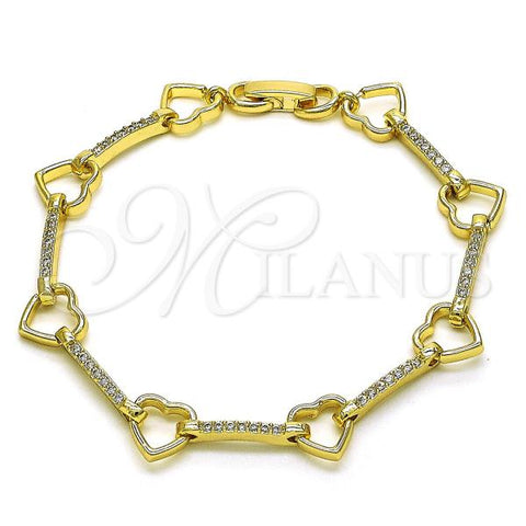 Oro Laminado Fancy Bracelet, Gold Filled Style Heart Design, with White Micro Pave, Polished, Golden Finish, 03.213.0232.07